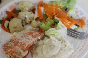 My plate...salmon, veggies, salad & mashed potatoes